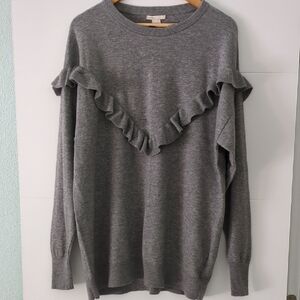 H&M Wool Blend Gray Ruffle Crew Neck Oversized Sweater Pullover Minimalist